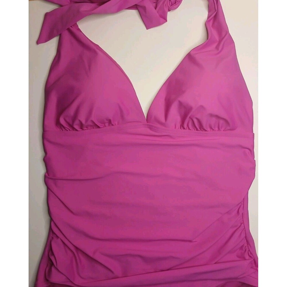 DKNY Swimsuit Sz L Halter Tie Top Ruched Sides Hot Pink Padded UV Protection NWT